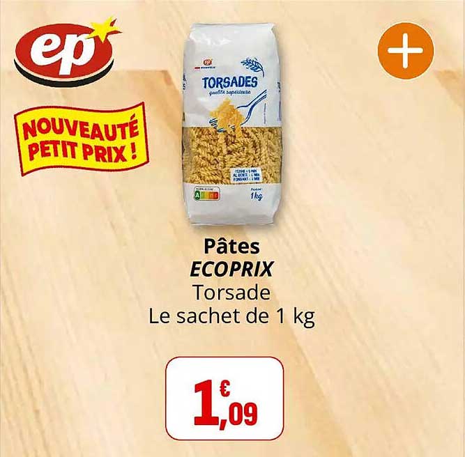 Pâtes ECOPRIX Torsade Le sachet de 1 kg