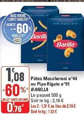 Pâtes Maccheroni n°44 ou Pipe Rigate n°91 BARILLA
