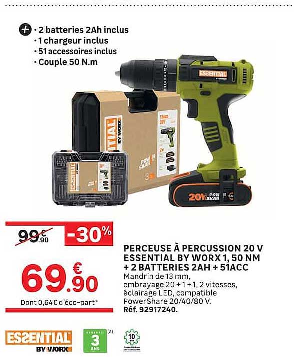 PERCEUSE À PERCUSSION 20 V ESSENTIAL BY WORX 1,50 NM + 2 BATTERIES 2AH + 51ACC