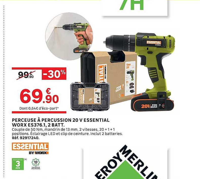 PERCEUSE À PERCUSSION 20 V ESSENTIAL WORX ES376.1, 2 BATT.