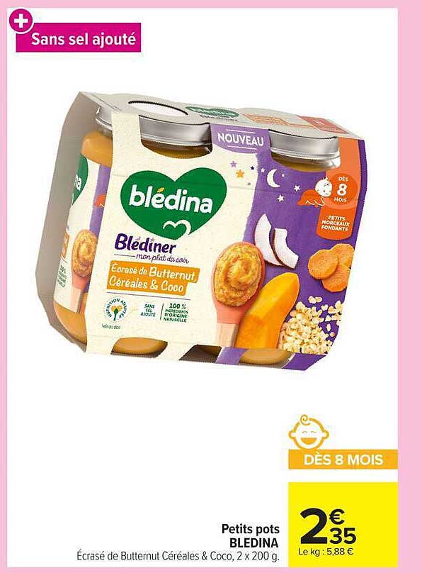 Petits pots BLÉDINA Écrasé de Butternut Céréales & Coco, 2 x 200 g