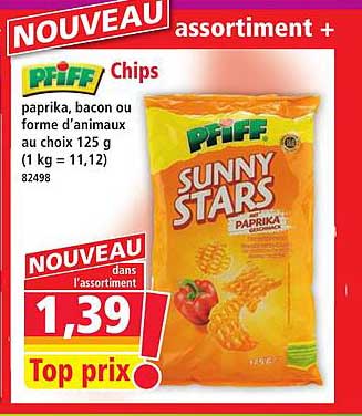 PFIFF Chips paprika, bacon ou forme d’animaux au choix 125 g (1 kg = 11,12)