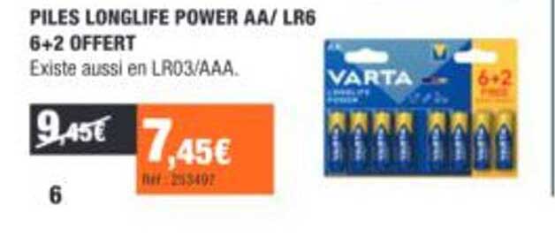 PILES LONGLIFE POWER AA/ LR6 6+2 OFFERT Existe aussi en LR03/AAA.