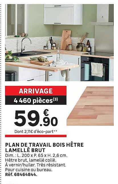 PLAN DE TRAVAIL BOIS HÊTRE LAMELLÉ BRUT