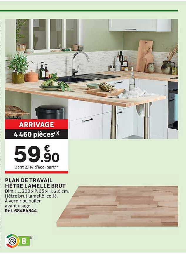 PLAN DE TRAVAIL HÊTRE LAMELLÉ BRUT