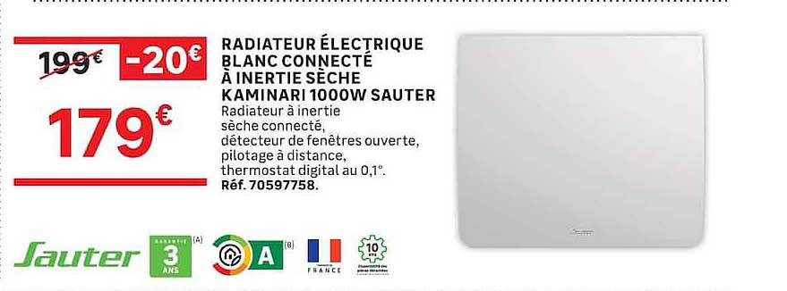 RADIATEUR ÉLECTRIQUE BLANC CONNECTÉ À INERTIE SÈCHE KAMINARI 1000W SAUTER