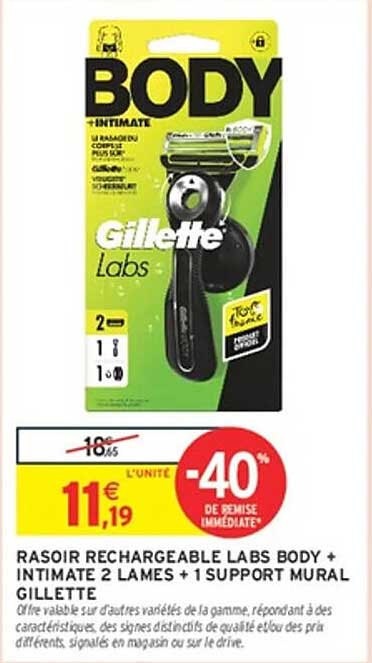 RASOIR RECHARGEABLE LABS BODY + INTIMATE 2 LAMES + 1 SUPPORT MURAL GILLETTE