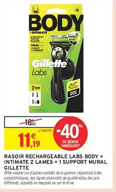 RASOIR RECHARGEABLE LABS BODY + INTIMATE 2 LAMES + 1 SUPPORT MURAL GILLETTE