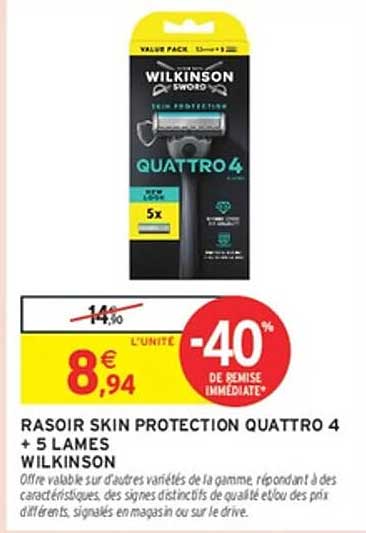 RASOIR SKIN PROTECTION QUATTRO 4 + 5 LAMES WILKINSON