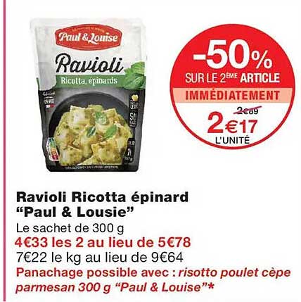 Ravioli Ricotta épinard “Paul & Lousie”
