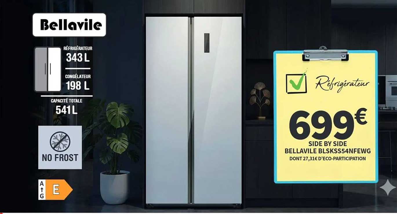 Réfrigérateur 699€ SIDE BY SIDE BELLAVILE BLSKSS54NFEWG DONT 27,31€ D'ECO-PARTICIPATION