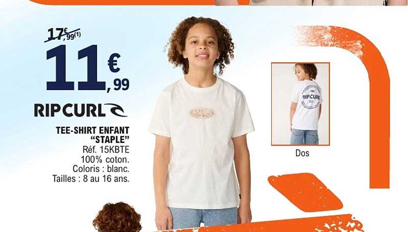 RIPCURL TEE-SHIRT ENFANT “STAPLE” Réf. 15KBTE 100% coton. Coloris : blanc. Tailles : 8 au 16 ans.