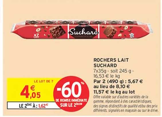 ROCHERS LAIT SUCHARD 7x35g soit 245 g - 16,53 € le kg - Par 2 (490 g) : 5,67 € au lieu de 8,10 € soit 11,57 € le kg au lot
