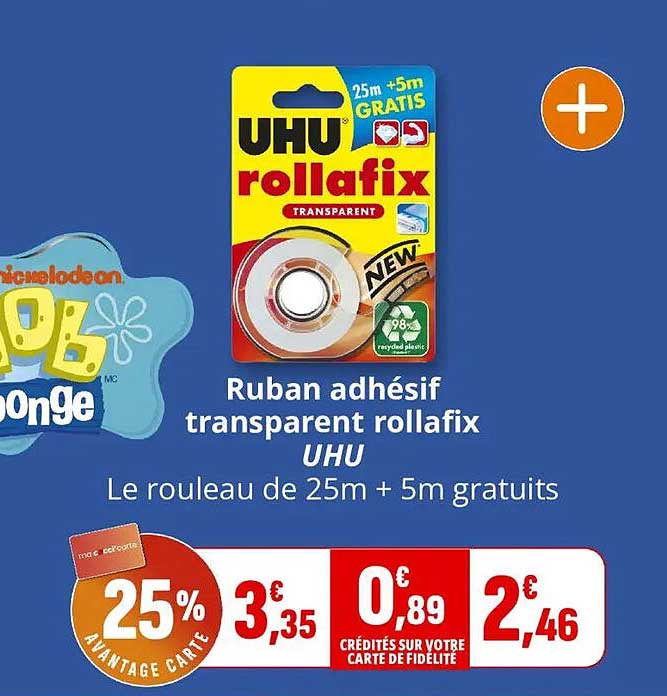 Ruban adhésif transparent rollafix UHU Le rouleau de 25m + 5m gratuits