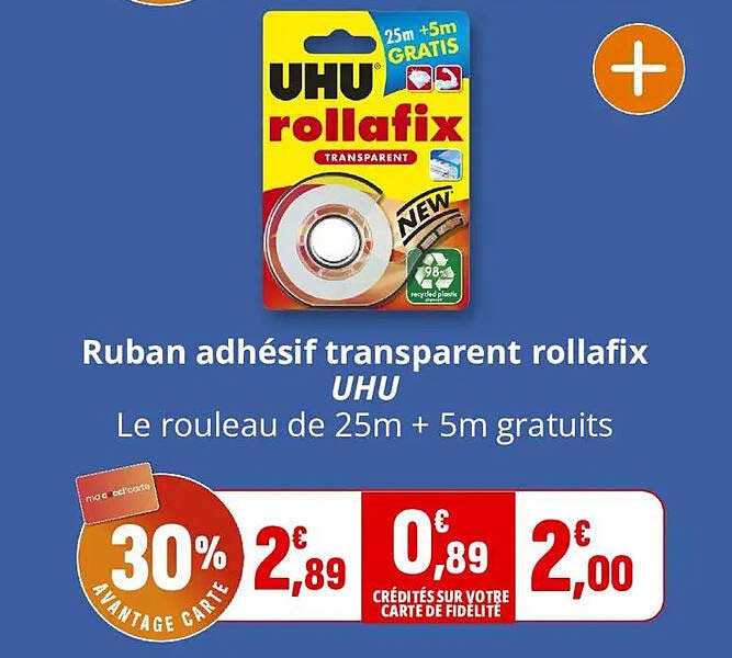 Ruban adhésif transparent rollafix UHU Le rouleau de 25m + 5m gratuits