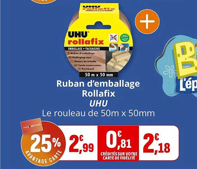 Ruban d’emballage Rollafix UHU Le rouleau de 50m x 50mm