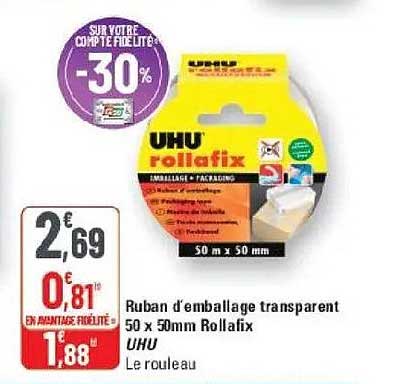 Ruban d'emballage transparent 50 x 50mm Rollafix UHU Le rouleau