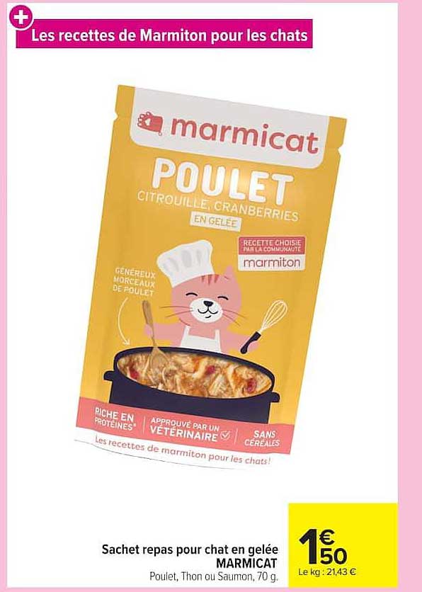 Sachet repas pour chat en gelée MARMICAT Poulet, Thon ou Saumon, 70 g.