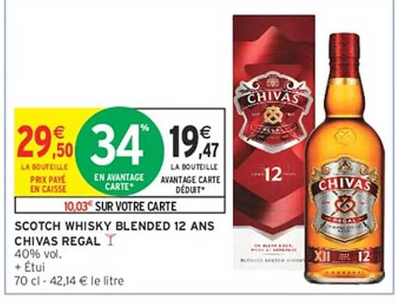 SCOTCH WHISKY BLENDED 12 ANS CHIVAS REGAL 40% vol. + Etui 70 cl - 42,14 € le litre
