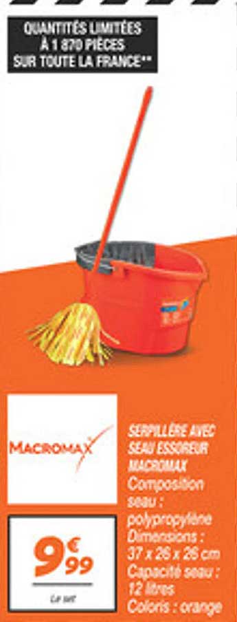 SEAU ESSOREUR MACROMAX Composition seau : polypropylène Dimensions : 37 x 26 x 26 cm Capacité seau : 12 litres Coloris : orange