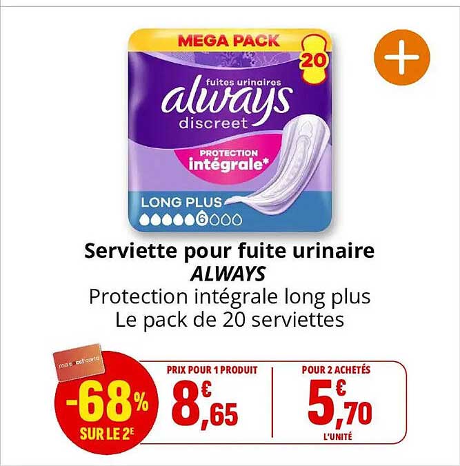 Serviette pour fuite urinaire ALWAYS Protection intégrale long plus Le pack de 20 serviettes