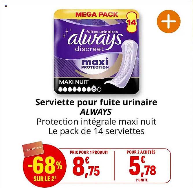 Serviette pour fuite urinaire ALWAYS Protection intégrale maxi nuit Le pack de 14 serviettes