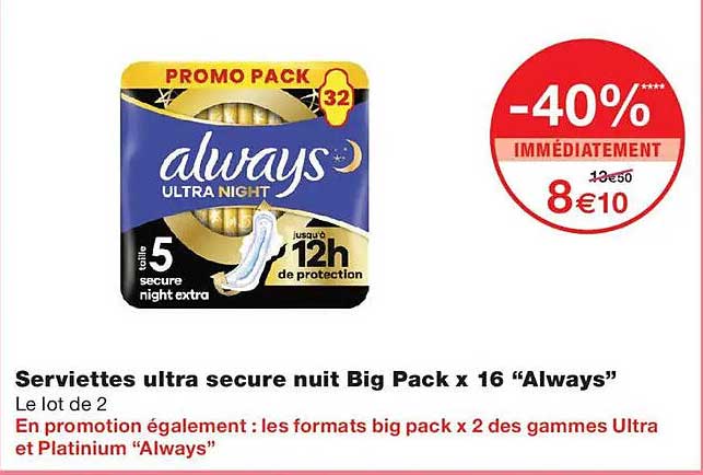 Serviettes ultra secure nuit Big Pack x 16 “Always”