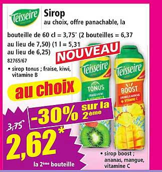 Sirop au choix, offre panachable, la bouteille de 60 cl = 3,75* (2 bouteilles = 6,37 au lieu de 7,50) (1 l = 5,31 au lieu de 6,25)