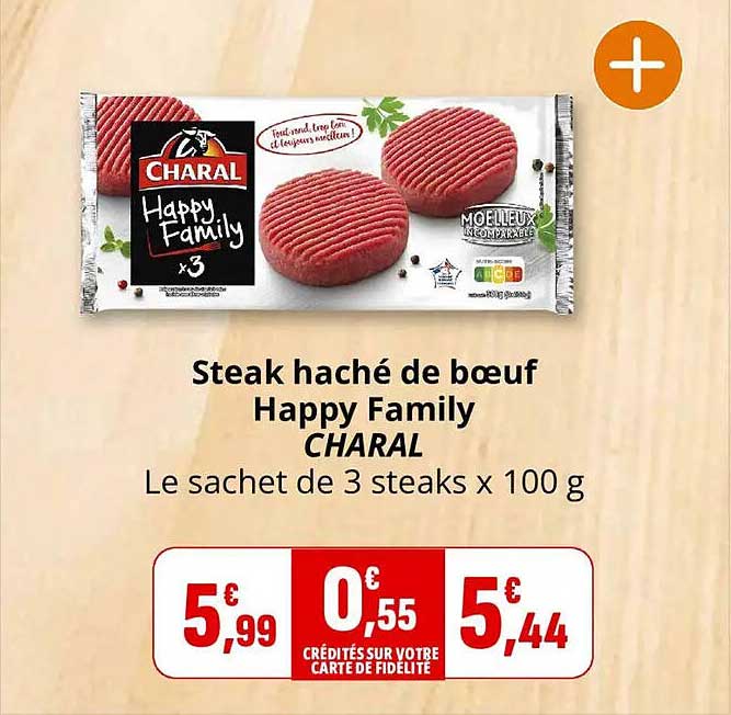 Steak haché de bœuf Happy Family CHARAL Le sachet de 3 steaks x 100 g