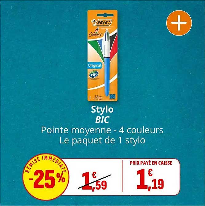Stylo BIC Pointe moyenne - 4 couleurs Le paquet de 1 stylo