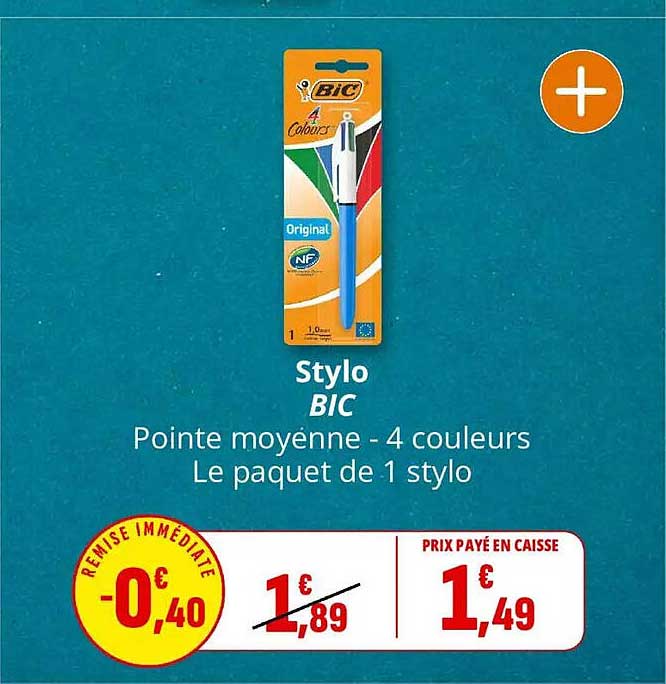 Stylo BIC Pointe moyenne - 4 couleurs Le paquet de 1 stylo