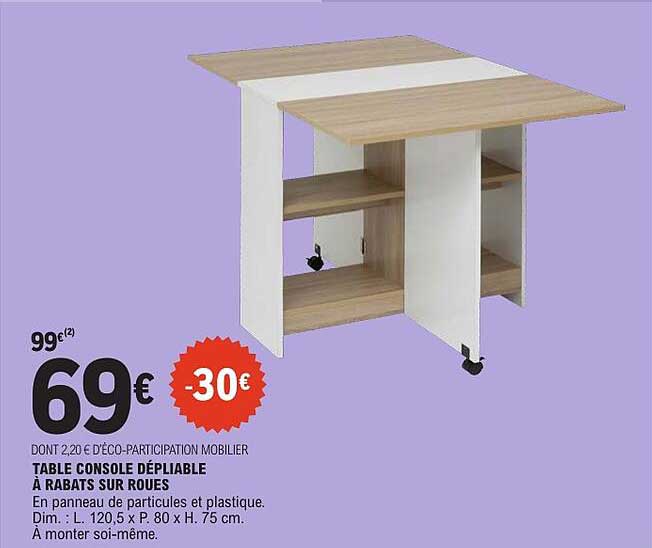 TABLE CONSOLE DÉPLIABLE À RABATS SUR ROUES