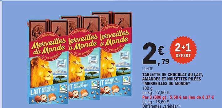 TABLETTE DE CHOCOLAT AU LAIT, AMANDES ET NOISETTES PILÉES “MERVEILLES DU MONDE”