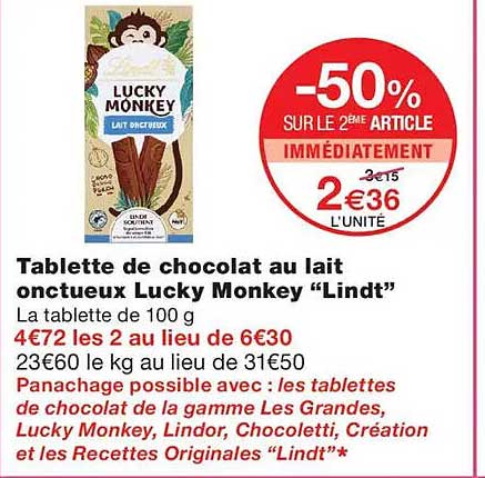 Tablette de chocolat au lait onctueux Lucky Monkey “Lindt”