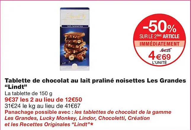 Tablette de chocolat au lait praliné noisettes Les Grandes “Lindt”