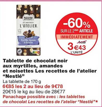 Tablette de chocolat noir aux myrtilles, amandes et noisettes Les recettes de l’atelier “Nestlé”
