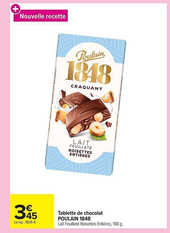 Tablette de chocolat POULAIN 1848 Lait Feuilleté Noisettes Entières, 190 g.