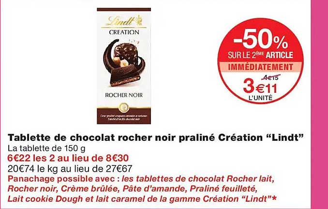 Tablette de chocolat rocher noir praliné Création “Lindt”