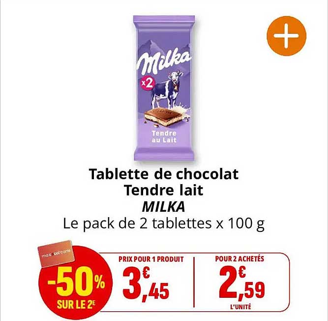 Tablette de chocolat Tendre lait MILKA Le pack de 2 tablettes x 100 g
