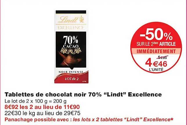 Tablettes de chocolat noir 70% “Lindt” Excellence