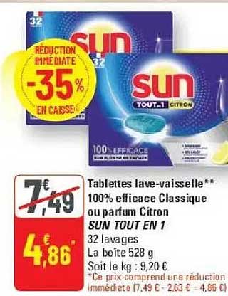 Tablettes lave-vaisselle** 100% efficace Classique ou parfum Citron SUN TOUT EN 1 32 lavages La boîte 528 g