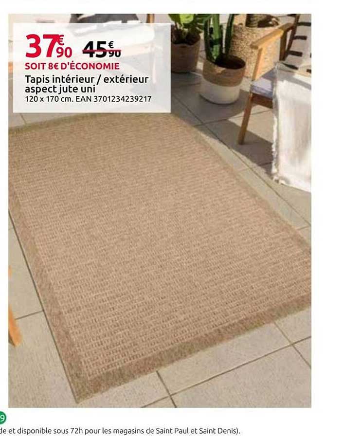 Tapis intérieur / extérieur aspect jute uni 120 x 170 cm. EAN 3701234239217