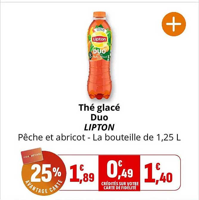 Thé glacé Duo LIPTON Pêche et abricot - La bouteille de 1,25 L