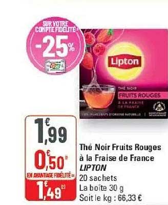 Thé Noir Fruits Rouges à la Fraise de France LIPTON 20 sachets La boîte 30 g Soit le kg : 66,33 €