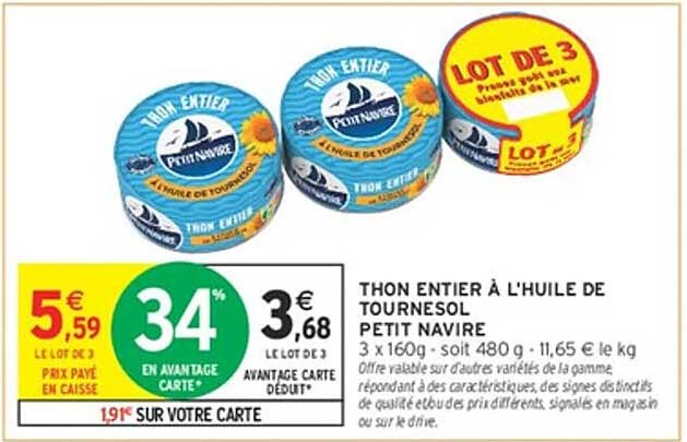 THON ENTIER À L'HUILE DE TOURNESOL PETIT NAVIRE