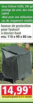 tissu Oxford 420D, 200 g/m² protection du vent, des intempéries, saleté idéal pour une utilisation sac de rangement réutilisable housse de protection pour fauteuil, dossier haut env. 110 x 90 x 80 cm