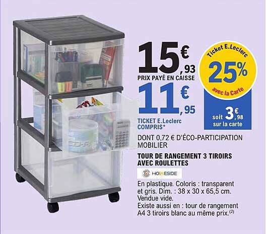 TOUR DE RANGEMENT 3 TIROIRS AVEC ROULETTES