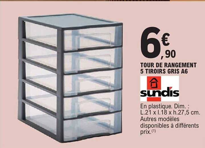 TOUR DE RANGEMENT 5 TIROIRS GRIS A6