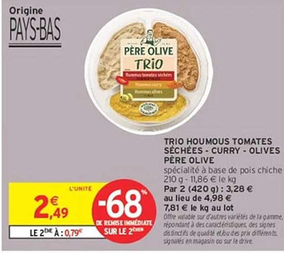 TRIO HOUMOUS TOMATES SÉCHÉES - CURRY - OLIVES PÈRE OLIVE