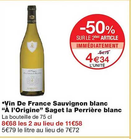 Vin De France Sauvignon blanc “À l’Origine” Saget la Perrière blanc